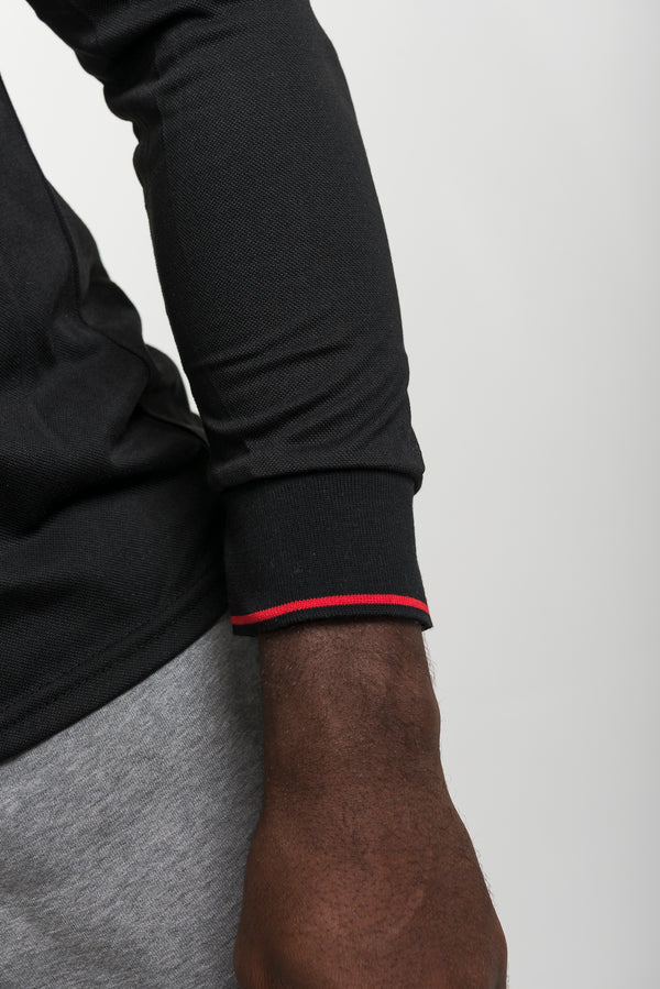 Black Collared Knit Shirt with Red Trim