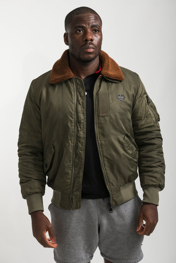 Khaki Bomber Jacket with Shearling Collar