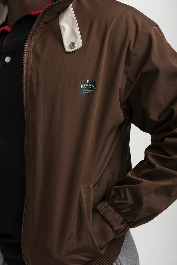 Brown Bomber Jacket with Contrast Collar